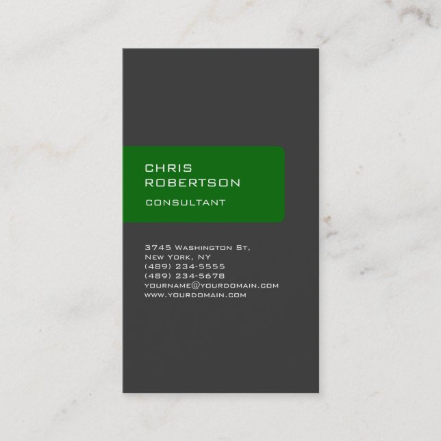 Trendy vertical green grey modern business card (Front)