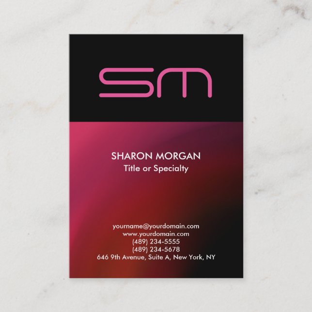 Trendy Vertical Modern Monogram Black Red Business Card (Front)