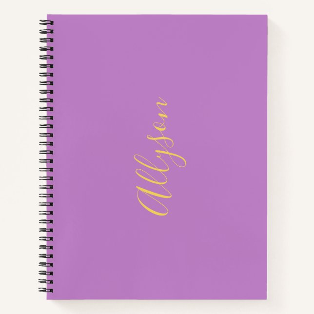 Trendy Vertical Name in Gold Script, Lavender Notebook (Front)