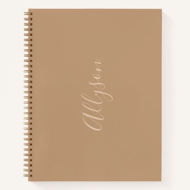 Trendy Vertical Name in Tan Script, Coffee Notebook (Front)