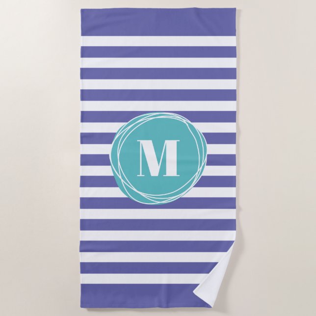 Trendy Very Peri Striped Monogram  Beach Towel (Front)
