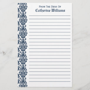 Trendy Victorian Navy Blue Lace Damask Side Border Stationery