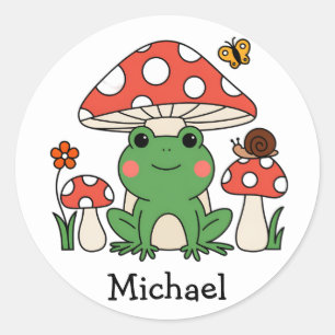 Trendy vintage Cute Happy Green Frog and Mushrooms Classic Round Sticker