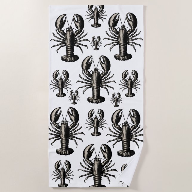 Trendy vintage pattern Lobster Personalized black  Beach Towel (Front)