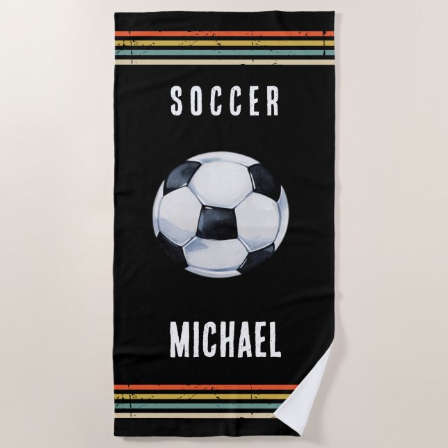 Trendy Vintage Personalized Soccer Ball Black  Beach Towel (Front)