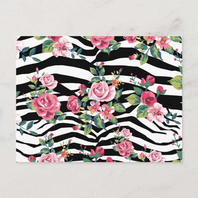 trendy vintage roses and zebra stripes pattern postcard (Front)