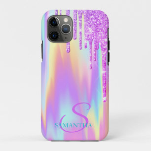 Trendy Violet Glitter Drips Ombre Holographic iPhone 11 Pro Case