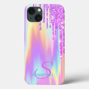 Trendy Violet Glitter Drips Ombre Holographic  iPhone 13 Case