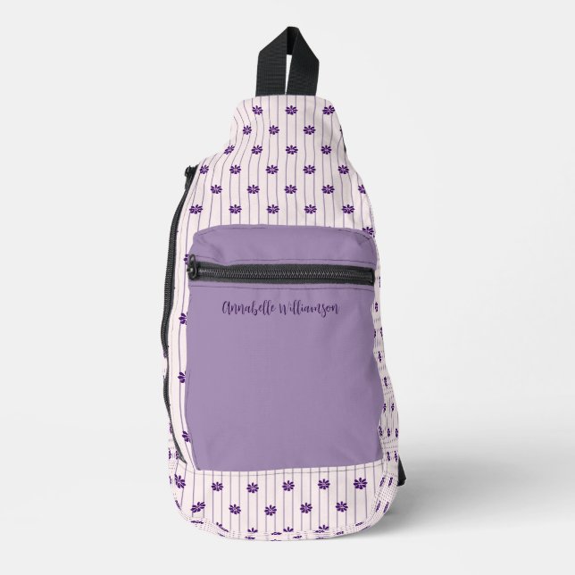 Trendy Violet Your Name Stripes & Blooms Sling Bag (Front)