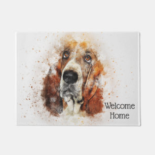 Trendy Watercolor Basset Hound Personalized Doormat