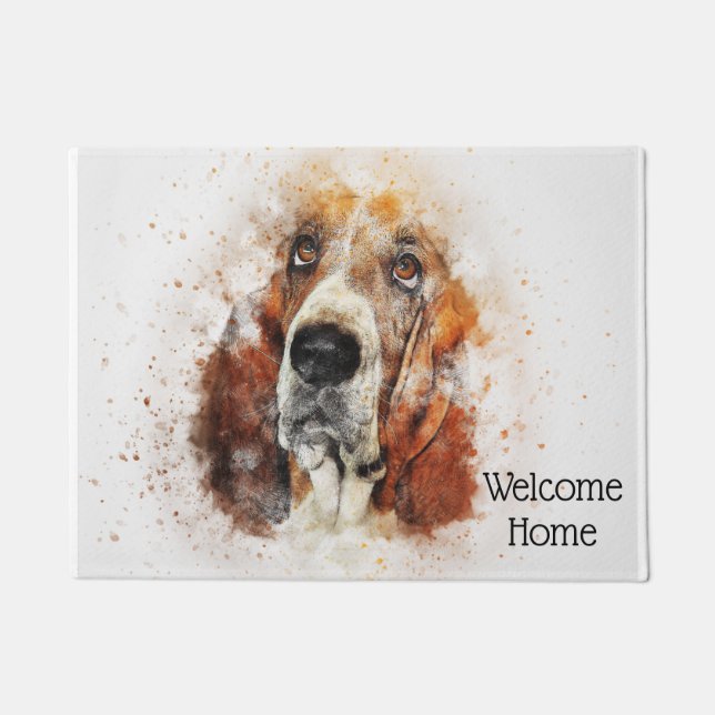 Trendy Watercolor Basset Hound Personalized Doormat (Front)
