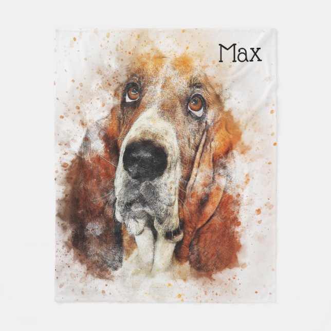 Trendy Watercolor Basset Hound Personalized Fleece Blanket (Front)