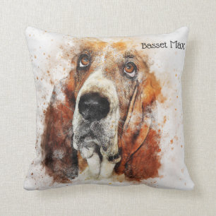 Trendy Watercolor Basset Hound Personalized Throw Pillow