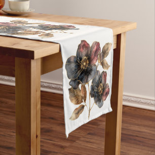 Trendy watercolor black gold and burgundy flowers short table runner