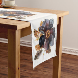 Trendy watercolor black gold and marsala flowers short table runner