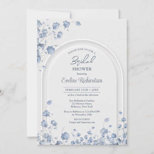 Trendy watercolor blue wildflowers boho arch  invitation (Front)