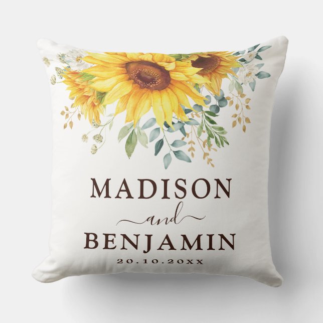 Trendy Watercolor Boho Sunflower Garden Wedding Throw Pillow (Front)