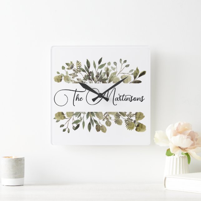 Trendy Watercolor Botanical Family Name Square Wall Clock (Home)