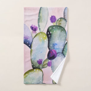 Trendy Watercolor Cactus & Cactus Blossoms Bath Towel Set