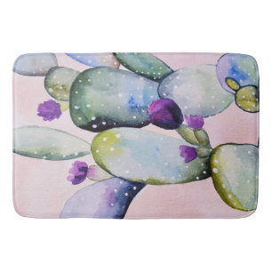 Trendy Watercolor Cactus & Purple Cactus Blossoms Bath Mat