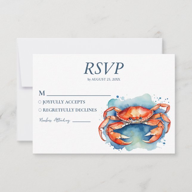 Trendy Watercolor Crab Nautical Beach Wedding RSVP Card (Front)