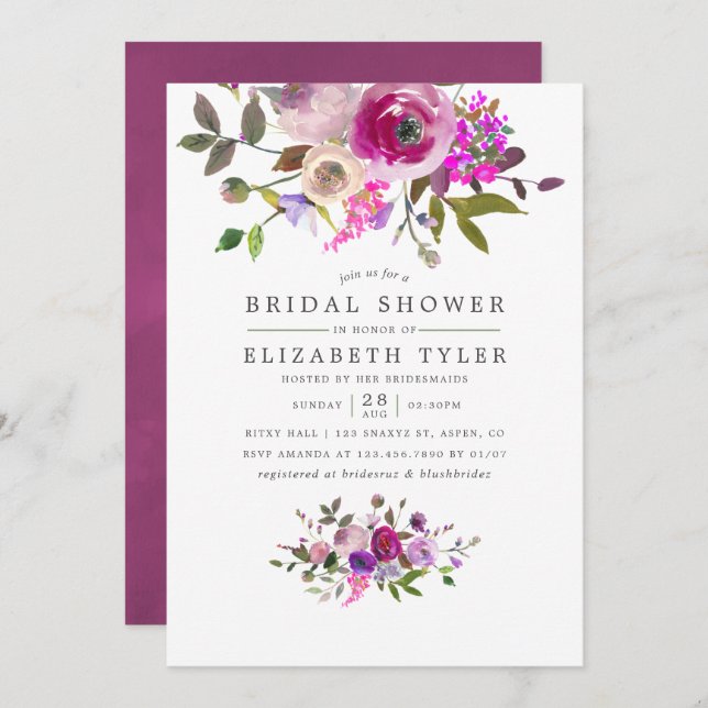 Trendy Watercolor Floral Bridal Shower Invitation (Front/Back)
