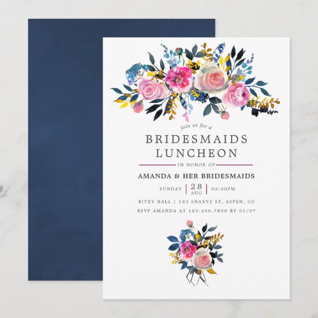 Trendy Watercolor Floral Bridesmaids Luncheon Invitation (Front/Back)