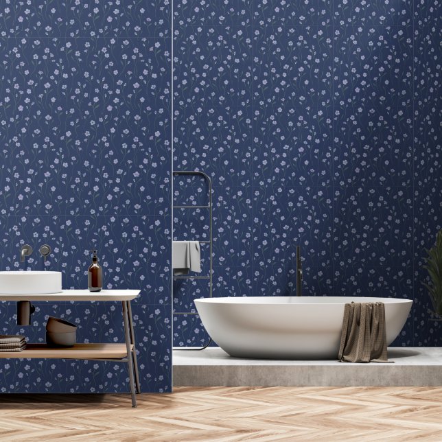 Trendy Watercolor Floral Pattern in Indigo Blue   Wallpaper (Bathroom)