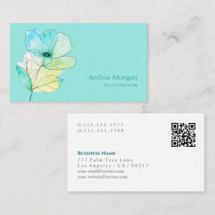 Trendy Watercolor Flower, Name, QR Code, Pale Teal Business Card