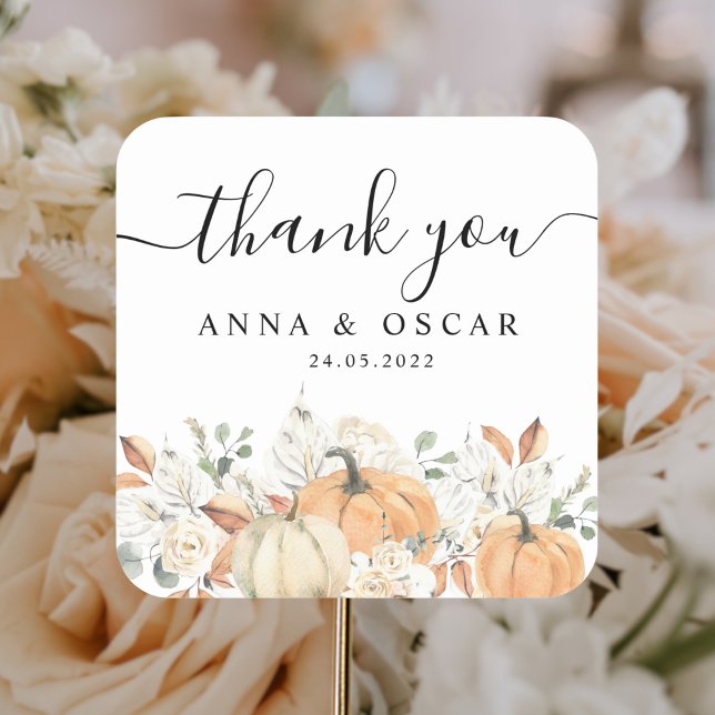 Trendy Watercolor Flowers & Pumpkins Autumn  Square Sticker (Creator Uploaded)