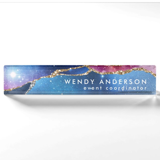 Trendy Watercolor Galaxy Gold Glitter Agate Nameplate (Front)