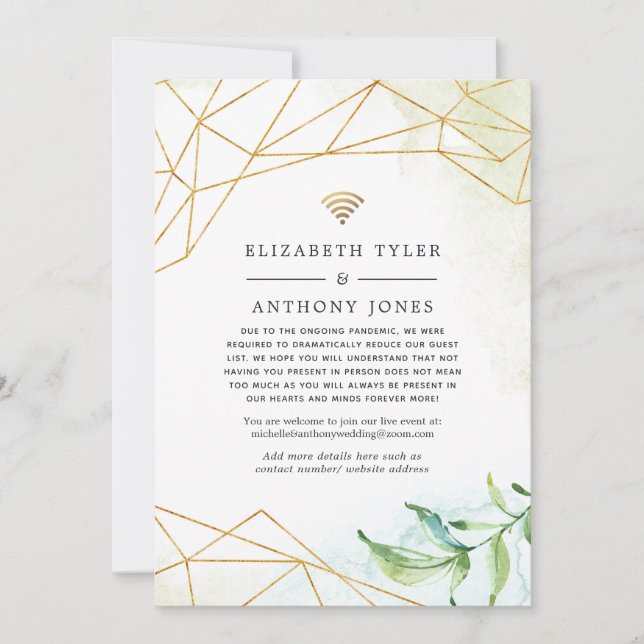 Trendy Watercolor Geometric Reduced Wedding Guests Announcement (Front)