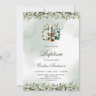 Trendy watercolor gold candle white lilies Baptism Invitation