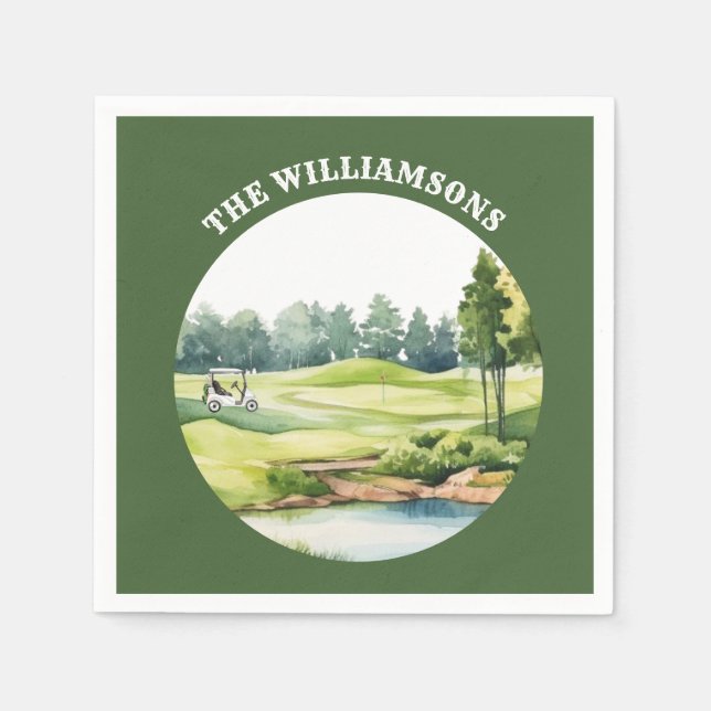 Trendy Watercolor Golf Oriented Course Cart Napkin (Front)