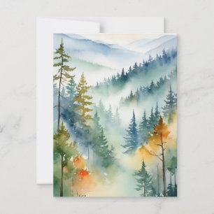 Trendy Watercolor Green Pine Forest Mountain       Postcard