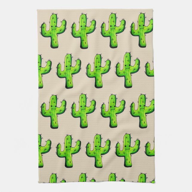 Trendy Watercolor Kawaii Cactus Kitchen Towel (Vertical)