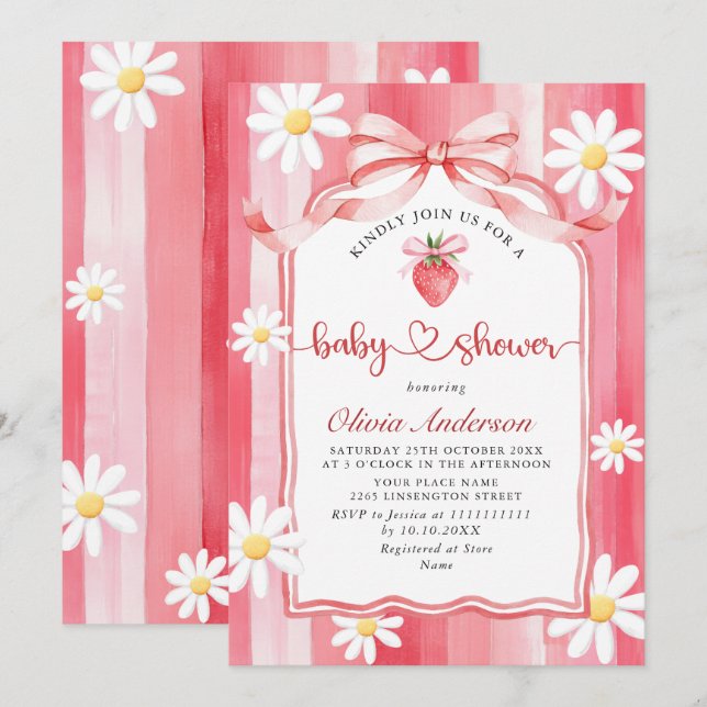 Trendy Watercolor Meadow Strawberry Baby Shower Invitation (Front/Back)
