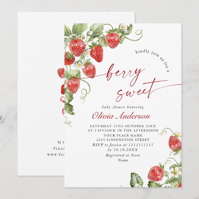 Trendy Watercolor Meadow Strawberry Baby Shower Invitation (Front/Back)