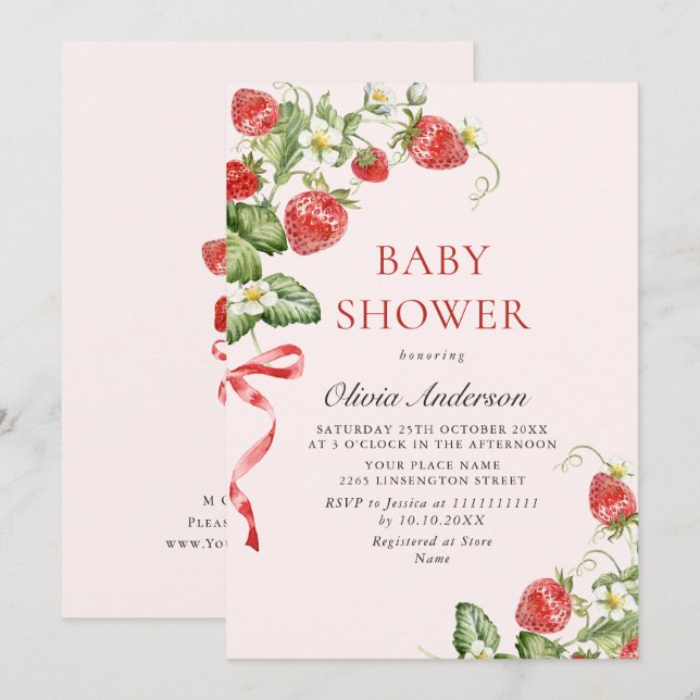 Trendy Watercolor Meadow Strawberry Baby Shower Invitation (Front/Back)