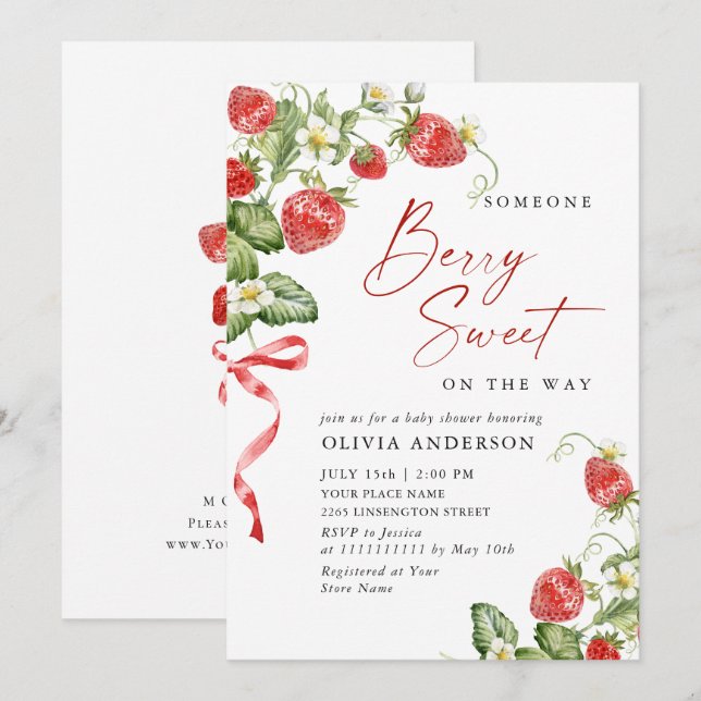 Trendy Watercolor Meadow Strawberry Baby Shower Invitation (Front/Back)