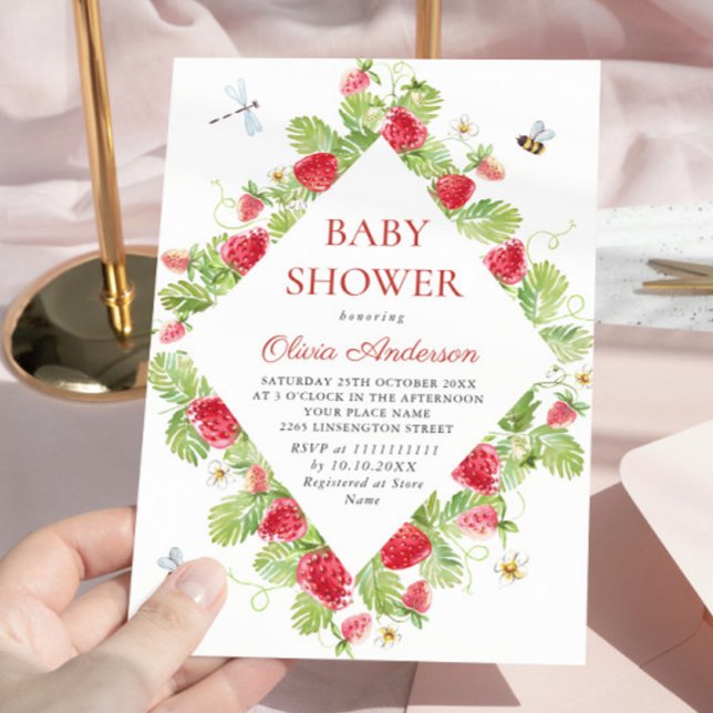 Trendy Watercolor Meadow Strawberry Baby Shower Invitation (Creator Uploaded)