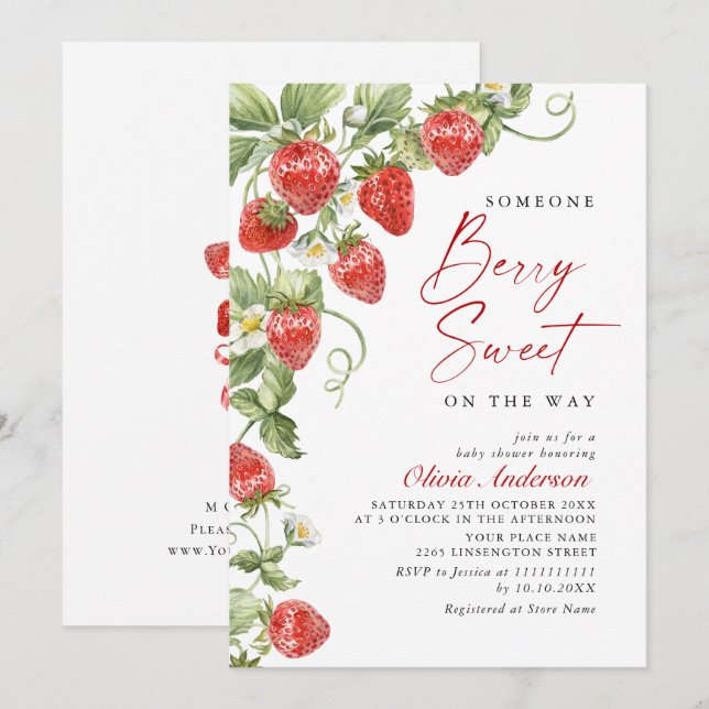 Trendy Watercolor Meadow Strawberry Baby Shower Invitation (Front/Back)