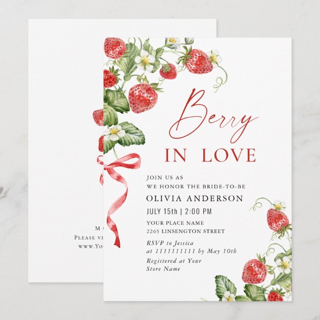 Trendy Watercolor Meadow Strawberry Bridal Shower Invitation (Front/Back)