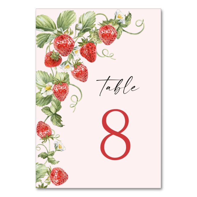 Trendy Watercolor Meadow Strawberry Table Number (Front)