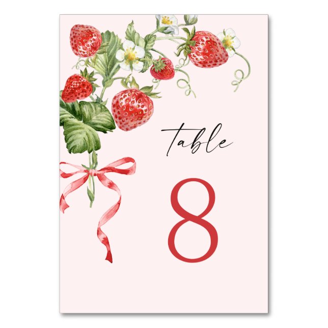 Trendy Watercolor Meadow Strawberry Table Number (Front)