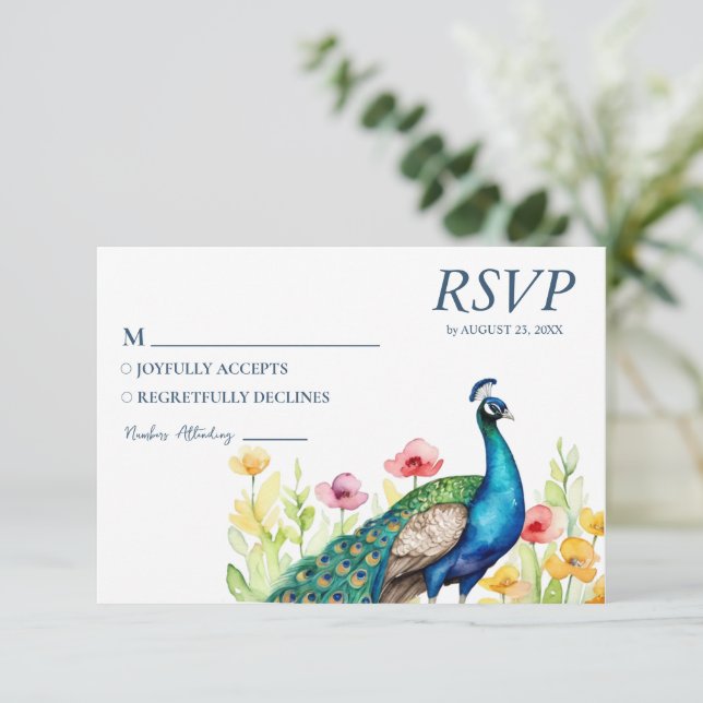 Trendy Watercolor Peacock Flowers                  RSVP Card (Standing Front)