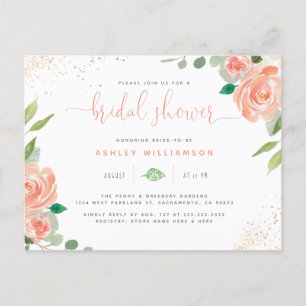 Trendy Watercolor Peonies Eucalyptus Bridal Shower Invitation Postcard
