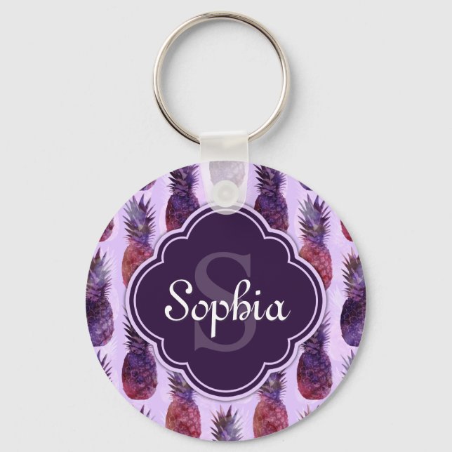 Trendy Watercolor Pineapple Pattern Keychain (Front)