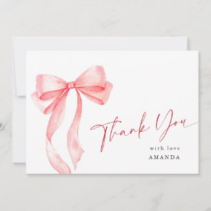 Trendy Watercolor Pink Bow Coquette Bridal Shower Thank You Card