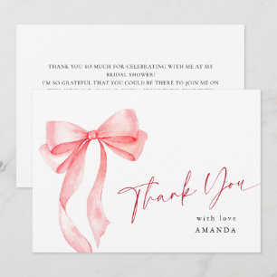 Trendy Watercolor Pink Bow Coquette Bridal Shower Thank You Card